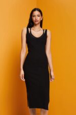 Women Esprit Black Rib-knit dress, linen blend Dresses XF4444113