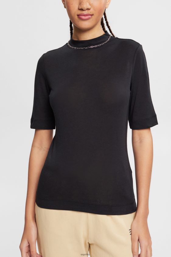 Women Esprit Black T-shirt with band collar, TENCEL T-Shirts XF4444374 - Image 1