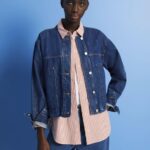 Women Esprit Blue Dark Wash Collarless denim jacket with drawstrings Jackets XF4444298