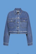 Women Esprit Blue Dark Wash Cropped denim jacket with frayed trim Jackets XF4444311 - Image 5