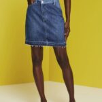 Women Esprit Blue Dark Wash Jeans mini skirt with an asymmetric hem Skirts XF4444207