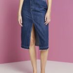 Women Esprit Blue Dark Wash Midi skirt with an asymmetric waistband Skirts XF4444209