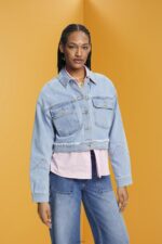 Women Esprit Blue Light Wash Cropped denim jacket with frayed trim Jackets XF4444312