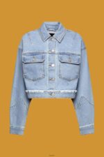 Women Esprit Blue Light Wash Cropped denim jacket with frayed trim Jackets XF4444312 - Image 5