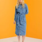 Women Esprit Blue Light Wash Denim dress with tie belt Dresses XF4444394