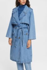 Women Esprit Blue Light Wash Denim trench coat Coats XF4444486