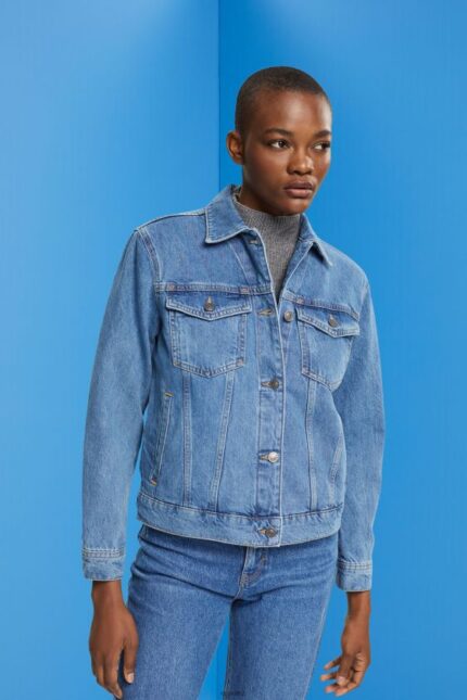 Women Esprit Blue Medium Wash Denim jacket Jackets XF4444553