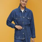 Women Esprit Blue Medium Wash Denim jacket with tie belt Jackets XF4444215