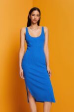 Women Esprit Bright Blue Rib-knit dress, linen blend Dresses XF4444112