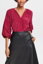 Women Esprit Cherry Red Blouse with smocked details, LENZING ECOVERO Blouses XF4444371