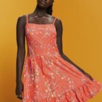 Women Esprit Coral Orange Floral Print Cotton Knee-Length Dress Dresses XF4444190