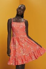 Women Esprit Coral Orange Floral Print Cotton Knee-Length Dress Dresses XF4444190
