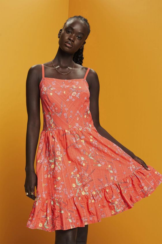 Women Esprit Coral Orange Floral Print Cotton Knee-Length Dress Dresses XF4444190 - Image 1