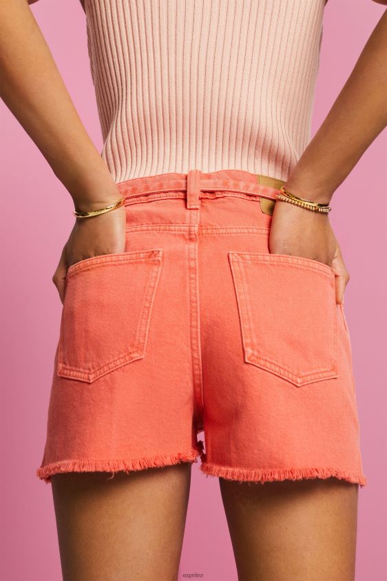 Women Esprit Coral Orange High Rise Tie Waist Denim Shorts Shorts XF444458 - Image 3