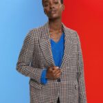 Women Esprit Cream Beige Checked wool blend blazer Coats XF4444447
