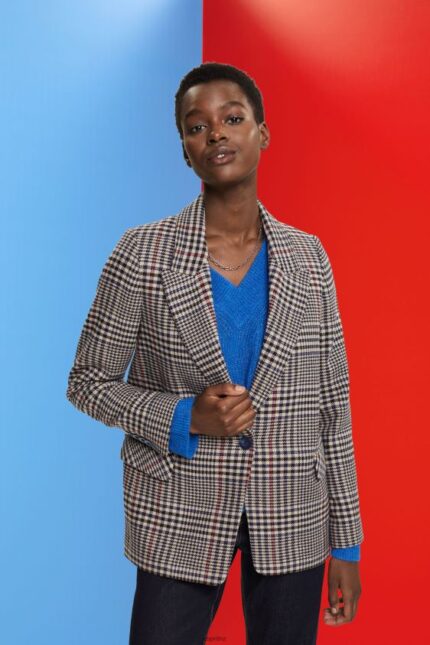 Women Esprit Cream Beige Checked wool blend blazer Coats XF4444447