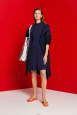 Women Esprit Dark Blue Mockneck pleated midi dress with short-sleeves Dresses XF4444122 - Image 2