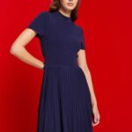 Women Esprit Dark Blue Mockneck pleated midi dress with short-sleeves Dresses XF4444122
