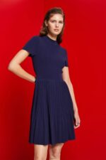 Women Esprit Dark Blue Mockneck pleated midi dress with short-sleeves Dresses XF4444122