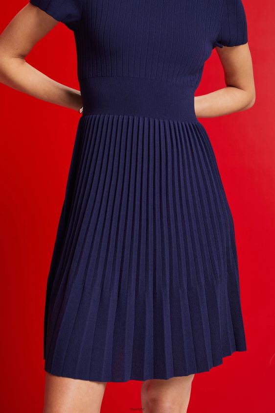 Women Esprit Dark Blue Mockneck pleated midi dress with short-sleeves Dresses XF4444122 - Image 3