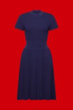 Women Esprit Dark Blue Mockneck pleated midi dress with short-sleeves Dresses XF4444122 - Image 5