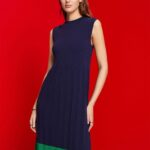 Women Esprit Dark Blue Pleated and sleeveless maxi dress with crewneck Dresses XF4444123
