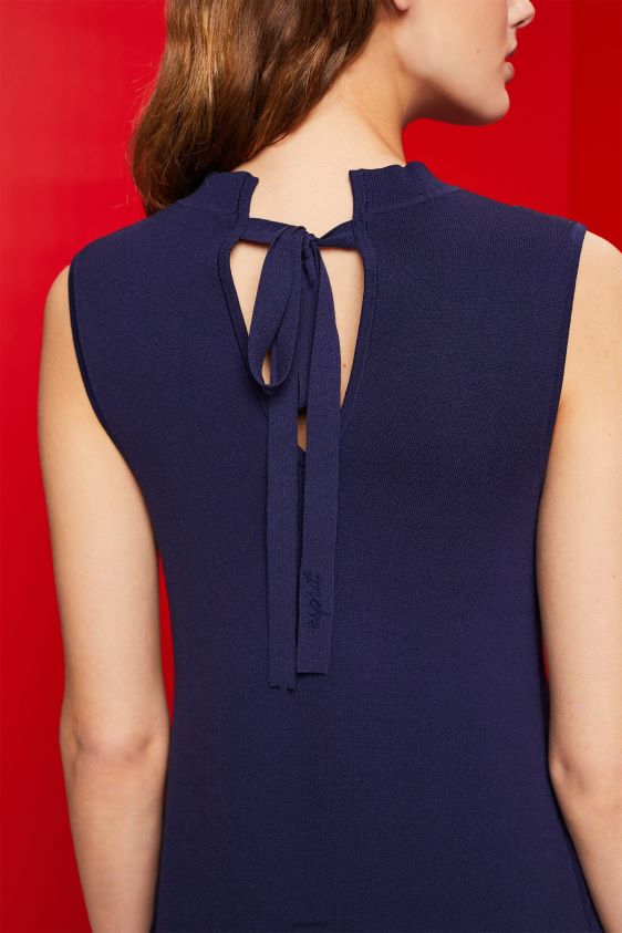 Women Esprit Dark Blue Pleated and sleeveless maxi dress with crewneck Dresses XF4444123 - Image 3