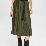 Women Esprit Dark Khaki Pleated skirt with belt Skirts XF4444435