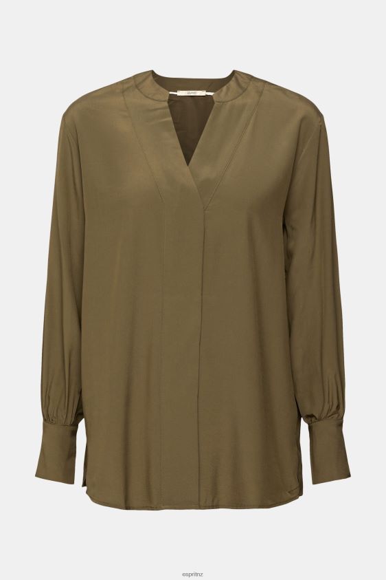 Women Esprit Dark Khaki V-neck blouse, LENZING ECOVERO Blouses XF4444555 - Image 5