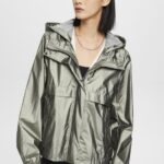 Women Esprit Dark Teal Green Metallic sheen jacket with a hood Jackets XF4444267