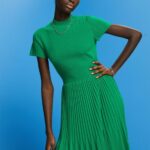 Women Esprit Emerald Green Mockneck pleated midi dress with short-sleeves Dresses XF4444121