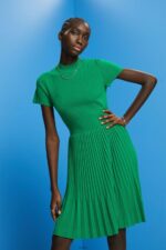 Women Esprit Emerald Green Mockneck pleated midi dress with short-sleeves Dresses XF4444121