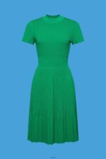 Women Esprit Emerald Green Mockneck pleated midi dress with short-sleeves Dresses XF4444121 - Image 5