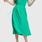 Women Esprit Green RAYON SILK RUCHED V NECK DRESS Dresses XF4444453
