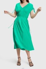 Women Esprit Green RAYON SILK RUCHED V NECK DRESS Dresses XF4444453