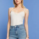 Women Esprit Ice Jersey top with lace trim Top XF4444140