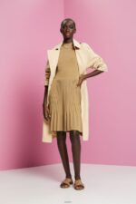 Women Esprit Khaki Beige Mockneck pleated midi dress with short-sleeves Dresses XF4444119 - Image 2