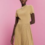 Women Esprit Khaki Beige Mockneck pleated midi dress with short-sleeves Dresses XF4444119
