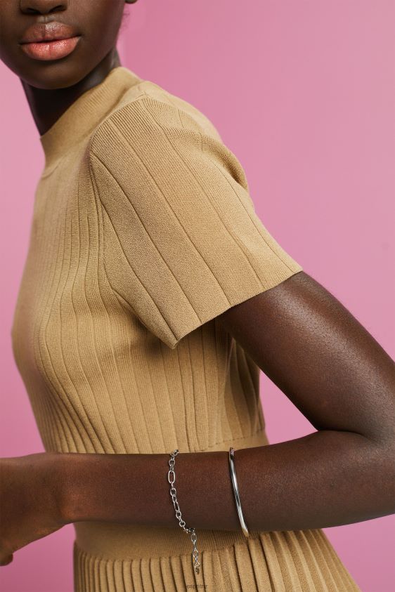 Women Esprit Khaki Beige Mockneck pleated midi dress with short-sleeves Dresses XF4444119 - Image 3