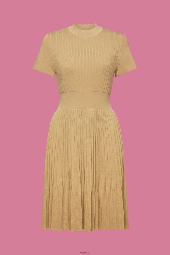 Women Esprit Khaki Beige Mockneck pleated midi dress with short-sleeves Dresses XF4444119 - Image 5