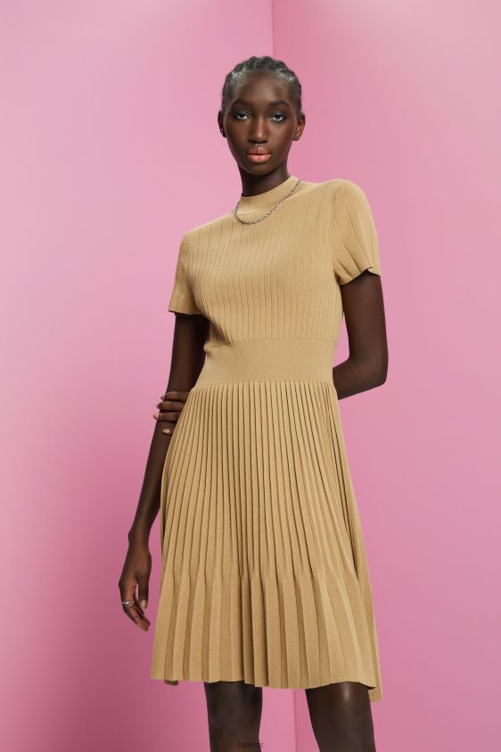 Women Esprit Khaki Beige Mockneck pleated midi dress with short-sleeves Dresses XF4444119 - Image 1