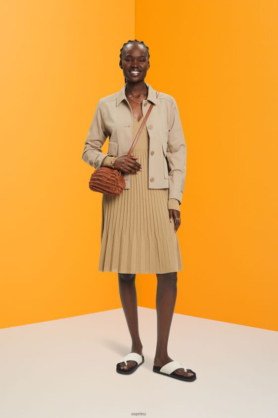 Women Esprit Khaki Beige Pleated wrap dress with long-sleeves Dresses XF4444126 - Image 2