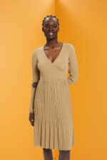 Women Esprit Khaki Beige Pleated wrap dress with long-sleeves Dresses XF4444126