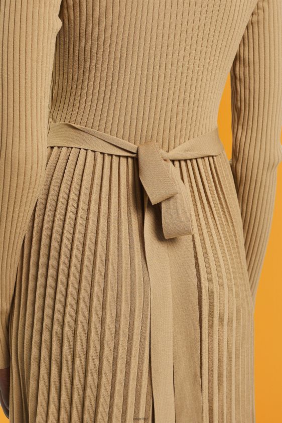 Women Esprit Khaki Beige Pleated wrap dress with long-sleeves Dresses XF4444126 - Image 3