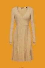 Women Esprit Khaki Beige Pleated wrap dress with long-sleeves Dresses XF4444126 - Image 5