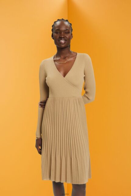 Women Esprit Khaki Beige Pleated wrap dress with long-sleeves Dresses XF4444126