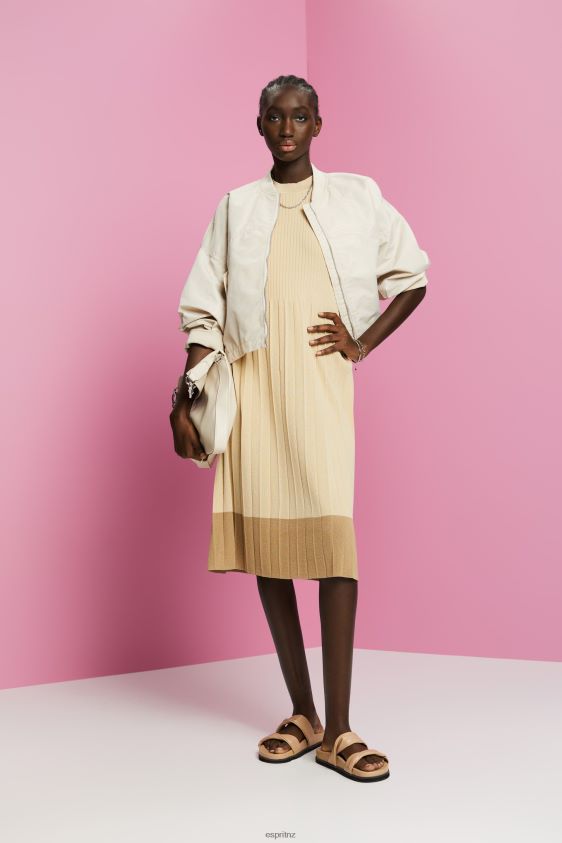 Women Esprit Light Beige Pleated and sleeveless maxi dress with crewneck Dresses XF4444125 - Image 2