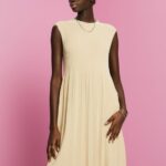 Women Esprit Light Beige Pleated and sleeveless maxi dress with crewneck Dresses XF4444125
