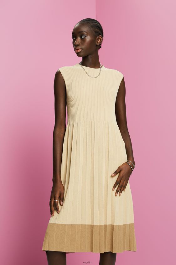 Women Esprit Light Beige Pleated and sleeveless maxi dress with crewneck Dresses XF4444125 - Image 1