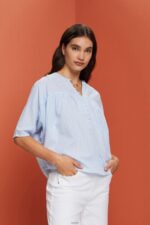 Women Esprit Light Blue Textured short-sleeve blouse Blouses XF4444118
